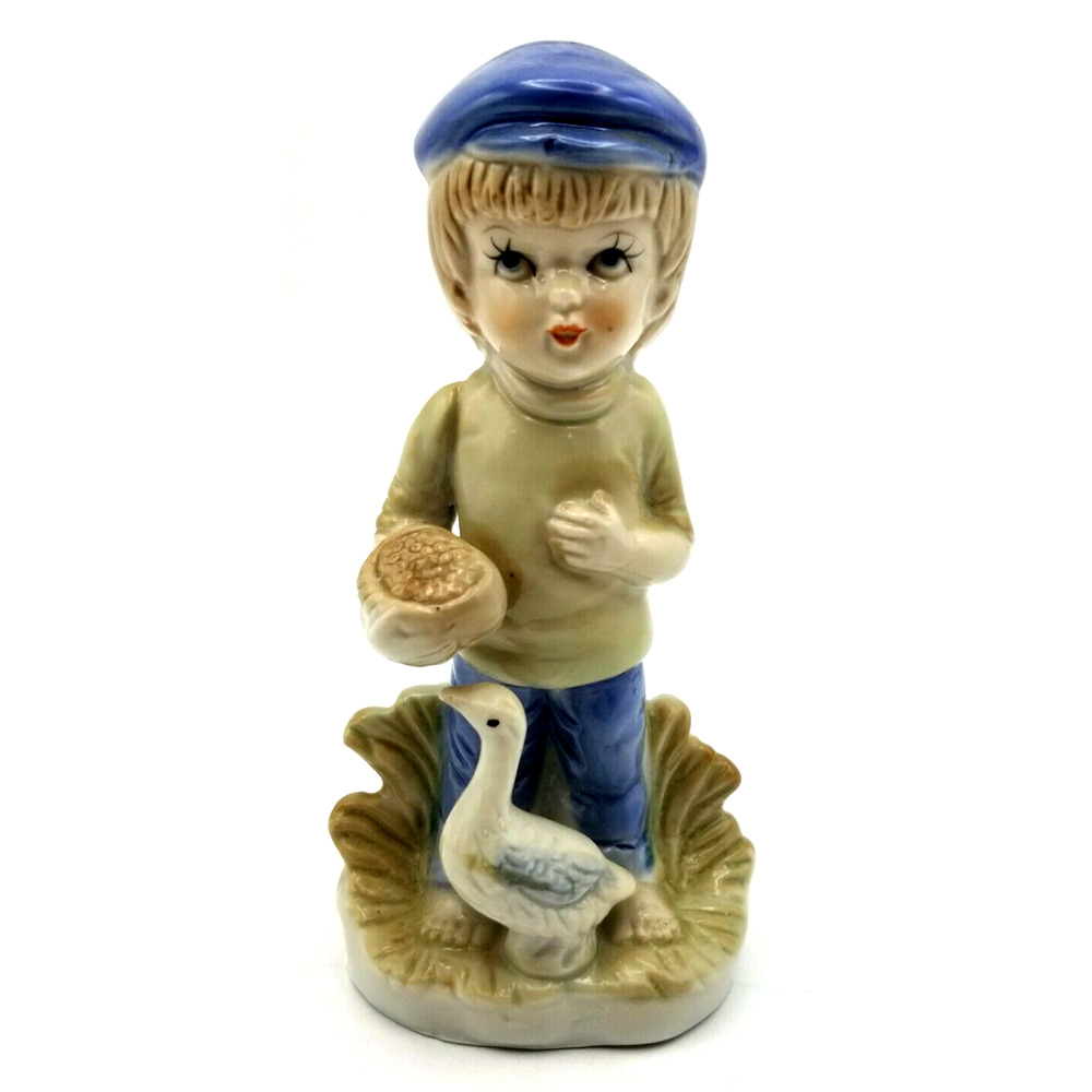 Boy in Blue Cap with Goose 5.5" Vintage Porcelain Figurine Made In Taiwan